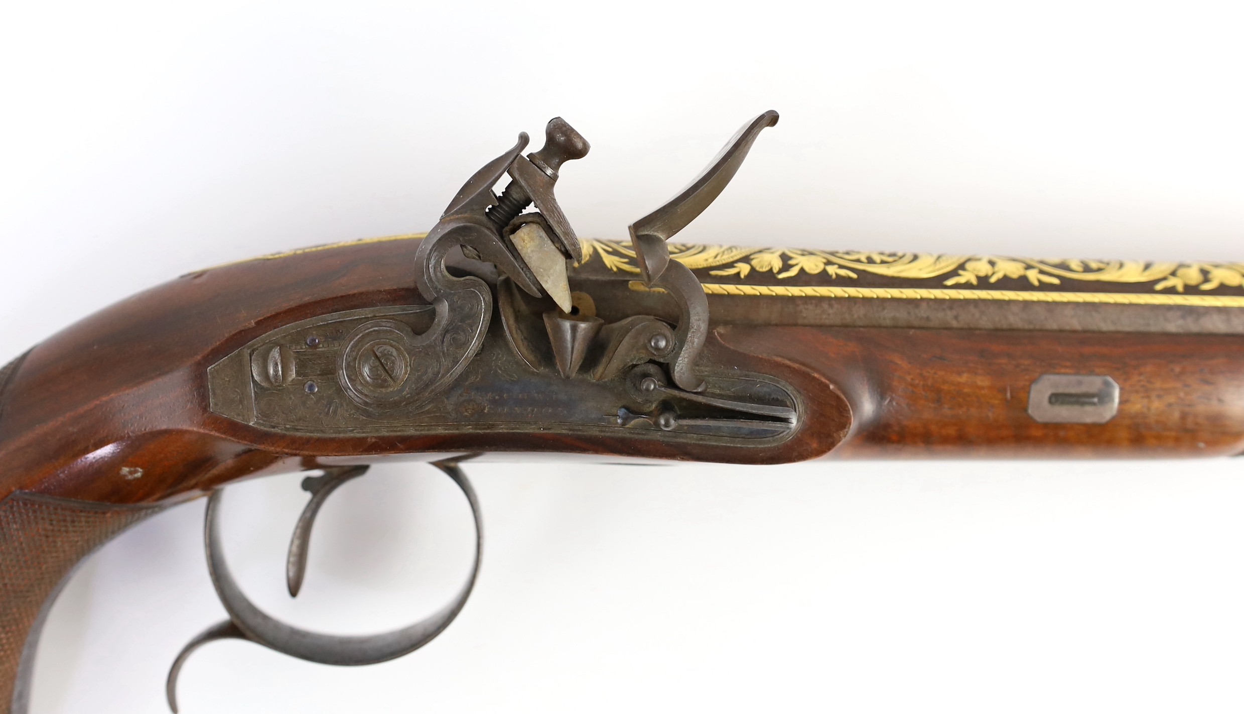 An early 19th century gold overlaid flintlock pistol, by Beckwith, London, 47cm